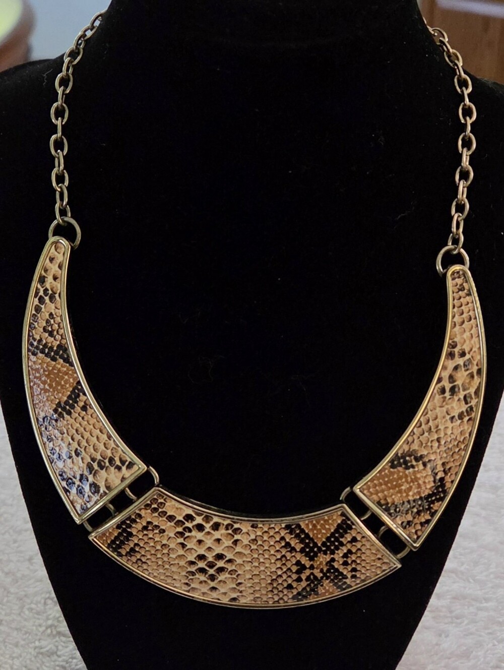 Faux Snakeskin Crescent Gold Tone Bib Necklace - Avon Style